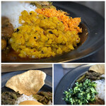 バダピリラ - ◆豆カレーは優しい味わいでホッ。 副菜は黒板に書かれているのですけれど、インゲンが美味しく、パパドも好み。