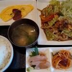 ふなえ食堂 - 豚バラ焼肉定食・オムレツで。￥1,250