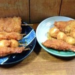 福田フライ - 海老・玉子(うずらの玉子)・串カツ・いか各¥140を2本づつを辛いソースで！