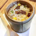 Kashou Sugar & Spice - 竹筒ごはん。もち米に四川ベーコンと山菜入り　¥680