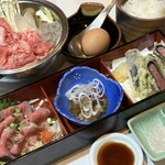 Tempura Kassen Sake Dokoro Heso - 佐賀牛　牛鍋コース　全5品・小鉢・天ぷら・ローストビーフ・牛鍋・白御飯