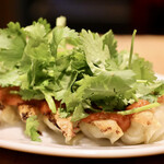 餃子とスパークリング バブルス - ハリッサパクチー餃子