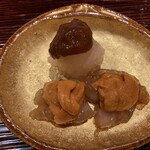 澤いち - 甘エビ昆布締め　ボタンエビ漬け雲丹載せ　