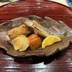 澤いち - 白甘鯛松笠焼き　本ししゃも　あん肝燻製　慈姑（クワイ）煎餅