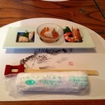 富士見園 - 前菜（鯛きも、鯛子、胡麻豆腐いくら、エビ）
