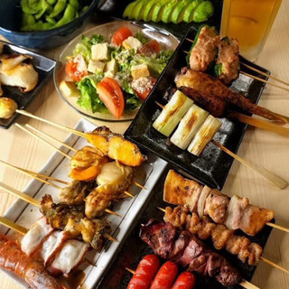 Charcoal-grilled fresh Hokkaido chicken, pork, and fish skewers