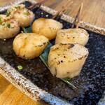 Scallop skewers with miso/Japanese pepper sauce