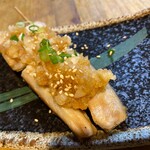 Striped hockey skewers with miso/grated ponzu sauce