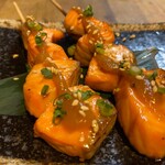 Salmon skewers with miso/Japanese pepper sauce/chili mayo