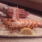 大平寿司 本店 - 車海老塩焼。 私の手と比べてこの大きさ