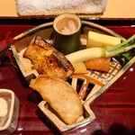 銀座 しのはら - 鰤の幽庵焼、芋の唐揚げ、玉子真薯、網笠柚子、青味大根の味噌煮