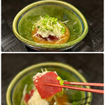 四季彩ダイニング　春 - ◯本鮪の山かけ
      ‥先にいただいた旦那くんが思わず「うまっ！」
      大和芋のとろろと黄身醤油をまとった本鮪は、
      旨味凝縮の中トロ、赤身‥超絶美味しいです♡(*´Д｀*)