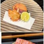 四季彩ダイニング　春 - ◯雲仙ハムのハムカツと大山鶏のとり手羽揚げ
      ‥3〜4㌢ほどの厚切りの雲仙ハムのハムカツと
      大山鶏のとり手羽を、一夜干しを揚げたものだそう。