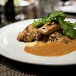 キャトルラパン - 鰆のソテー 白子のムニエル 鮑 ニューバーグソースと白ワインソース