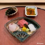 御料理 寺沢 - 鯒､塩竃ひがしもの目鉢鮪の中トロに泥障烏賊を割醤油とちり酢を使い分け