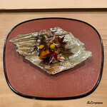 御料理 寺沢 - 茹で落花生､銀杏､ボタン海老の海鼠腸和え､ホロホロ鳥の炭火焼に唐墨､香茸含め煮に本柳葉魚糠漬焼､牡蠣の磯辺和え