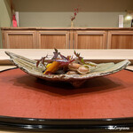 御料理 寺沢 - 茹で落花生､銀杏､ボタン海老の海鼠腸和え､ホロホロ鳥の炭火焼に唐墨､香茸含め煮に本柳葉魚糠漬焼､牡蠣の磯辺和え