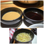 西新初喜 - ◆胡麻ダレ（美味しい）、ポン酢、後で「お葱タップリのおだし」が出されるのですけれど、お肉やお野菜とも合いますが、 そのまま汁物として頂いても美味しい