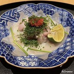 割烹 らん亭 - 向付は天然とら河豚と生の白子でふづねりスタイルで味わいます