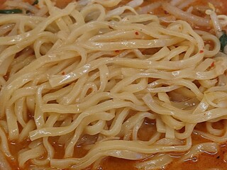 Hidakaya - 日高屋 西葛西北口店 秘伝の辛味噌ラーメンに使われるツルシコ食感の平打ち縮れ麺