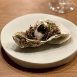 Restaurant Honjin - 牡蠣のほうろくコンフィ　日間賀島生海苔の敷島仕込み水ジュレ　酒粕フロマージュブランのソルベ