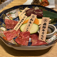 炭火焼肉 伏見屋 飛騨牛別邸 - 本日の五種盛合せ(飛騨牛カルビ、飛騨牛上カルビ、和牛ランプ、ミスジ、新鮮厚切りレバー)