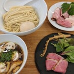 中華そば きなり - つけそば木の子と鴨¥1,100+大盛り¥200+肉増し¥250