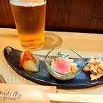 インディ庵 - 生ビールとお通し三種盛