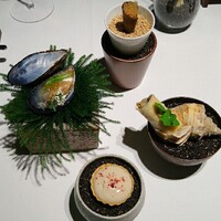 Riverente - イカ墨とクロマグロ、島根県産安保柿とキャラメリゼした玉ねぎ、宮崎県産ムール貝レモンジュレ、輪島産つぶ貝