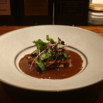 IZA - 大間産アンコウのソテー アラの赤ワインソース仕立て