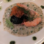 リストランテ ピノキオ - 魚貝のムース黒キャベツ包み　えび　ごぼうのソース