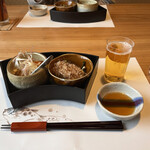 Tori Tote Duku Ridou Fuchidori - 手作り豆腐のサラダ、ほうれん草と厚揚げのお浸し
