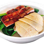 Honey roasted pork and salt-boiled chicken rice in a clay pot