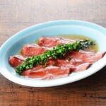Beef heart sashimi cooked at low temperature