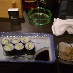 かっぱの泪巻き（二品で４８０円）とあじの味噌たたき（お通し。）