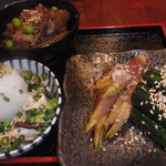 興 - 新ごぼうと牛肉煮込み・鶏皮おろしポン酢・みょうがときゅうりのあわ正油漬け