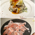 JOEAT CAFE - ◯半熟卵とポテサラ¥480
      ◎スペック／燻製の生ハム(サービス)…店長さんから、これもすごくオススメです！と少しお味見でいただきました。燻製の香りが鼻に抜けて…コレも美味〜♡(*´Д｀*)