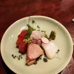 りょうりや 御旅屋 - お造り　こしび　鰤　烏賊　赤はた