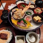 Otooto - 豚の角煮。お豆腐。唐揚げの南蛮漬。ほうれん草のお浸し。玉子焼。明太子。お刺身。天ぷら。お漬物。おみそ汁。鰻とろ小丼。