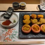 鮨 青海 - 雲丹9種食べ比べ、雲丹との相性を合わせた日本酒ペアリング2種。