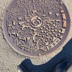 オランダ軒 - さいたま市のマンホール、中央にさいたま市の市章、上部に市の木：ケヤキ、左下に市の花：サクラソウ、右下に市の花木：サクラをデザイン