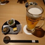 Umeda Godaigo - 生ビールとお通し３種盛り