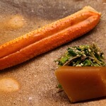 道人 - ⑤茹で柴山蟹(正式名:ずわい蟹、兵庫県柴山産)の脚
      ⑥芹(秋田県産)のお浸し
      ⑦唐墨(2021年作成、1年熟成)