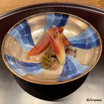 日本料理 とくを - 真魚鰹の味噌幽庵焼に一年熟成の唐墨と大根の付合せ