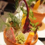 レストラン バカール - 植木鉢 ～有機野菜と能登産ズワイ蟹と蟹味噌のバーニャカウダ～（1日1組限定8800円のおまかせコース・2012/6）