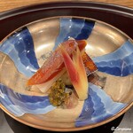 日本料理 とくを - 真魚鰹の味噌幽庵焼と一年熟成の唐墨と大根と酢取り茗荷
