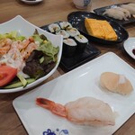 Wakatake maru - 小エビサラダ、高菜びんちょう鉄火巻、だし巻き玉子、大赤海老、大生ほたて