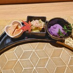 船橋 寿司 天 - 先付け3種類(あん肝、桜海老とキャベツ、紫芋の寄せ豆腐)