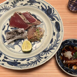 あさば - 鯵　夏野菜あえ、鰹炙り、烏賊　墨塩