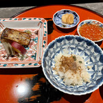 ななにん - 鰆幽庵 藁ごぼう、無農薬さつまいも 高知マイヤーレモン煮、もっと幸せ米 ひのひかり 大根ご飯、塩いくら、無農薬大根